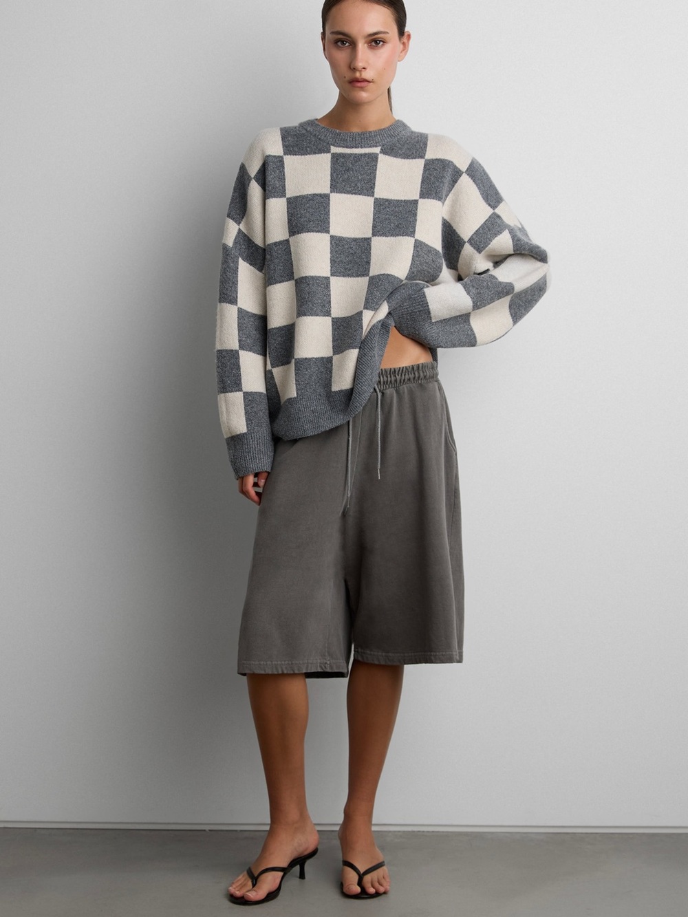 OAK + FORT Gray & Cream Checkered Crewneck Sweater